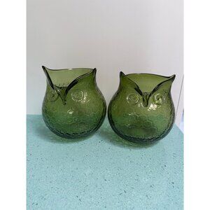 Vintage Set of 2 Hand-blown Art Glass Owls Green Honeycomb Pattern MCM